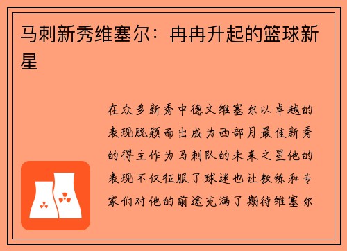 马刺新秀维塞尔：冉冉升起的篮球新星